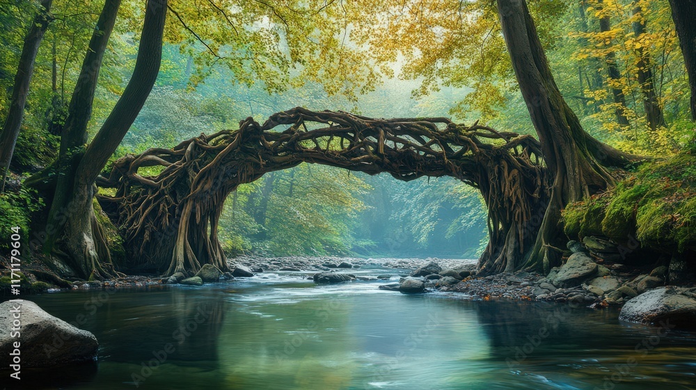 Fototapeta premium Ancient tree roots form a natural bridge over a tranquil stream