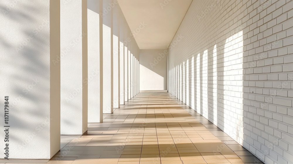 Obraz premium Bright corridor with white brick wall and columns creating an elegant pattern of shadows on the tiled floor under natural sunlight.