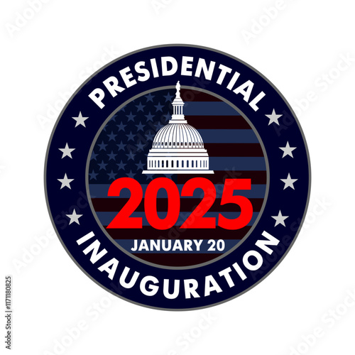 Presidential Inauguration 2025 round emblem with Us Capitol. Inauguration Day USA, January 20. Infographic vector sign