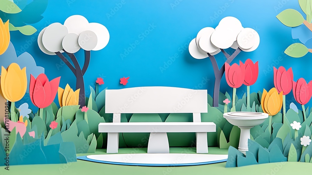 Naklejka premium Papercraft Park Bench Scene With Tulips And Trees
