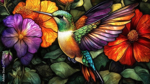 A hummingbird sipping nectar from flowers.