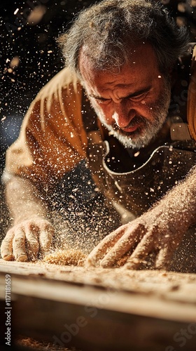 Carpenter shaping wood with skillful hands in a workshop filled with sawdust