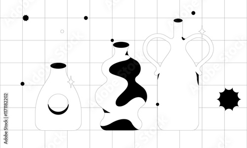 Modern flower vases. Fashionable style of ceramics, empty set of ceramic pots. Stylish home interior, unique decorations of vessels of various shapes. Flat vector illustration on a white background