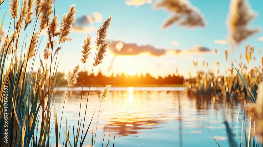 Serene Sunset Over Tranquil Water with Reeds and Soft Clouds Serene Sunset Over Tranquil Water with Reeds and Soft Clouds