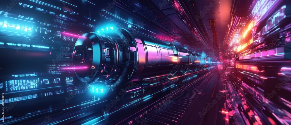 Futuristic tunnel with glowing tech components. Futuristic tunnel with glowing tech components.