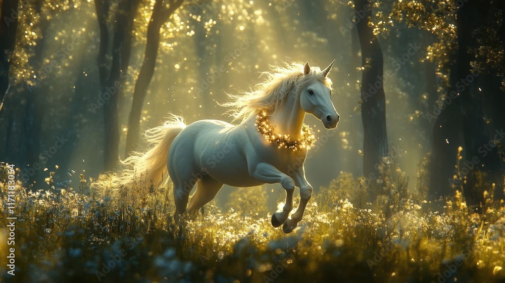 A unicorn galloping through an enchanted forest. A unicorn galloping through an enchanted forest.