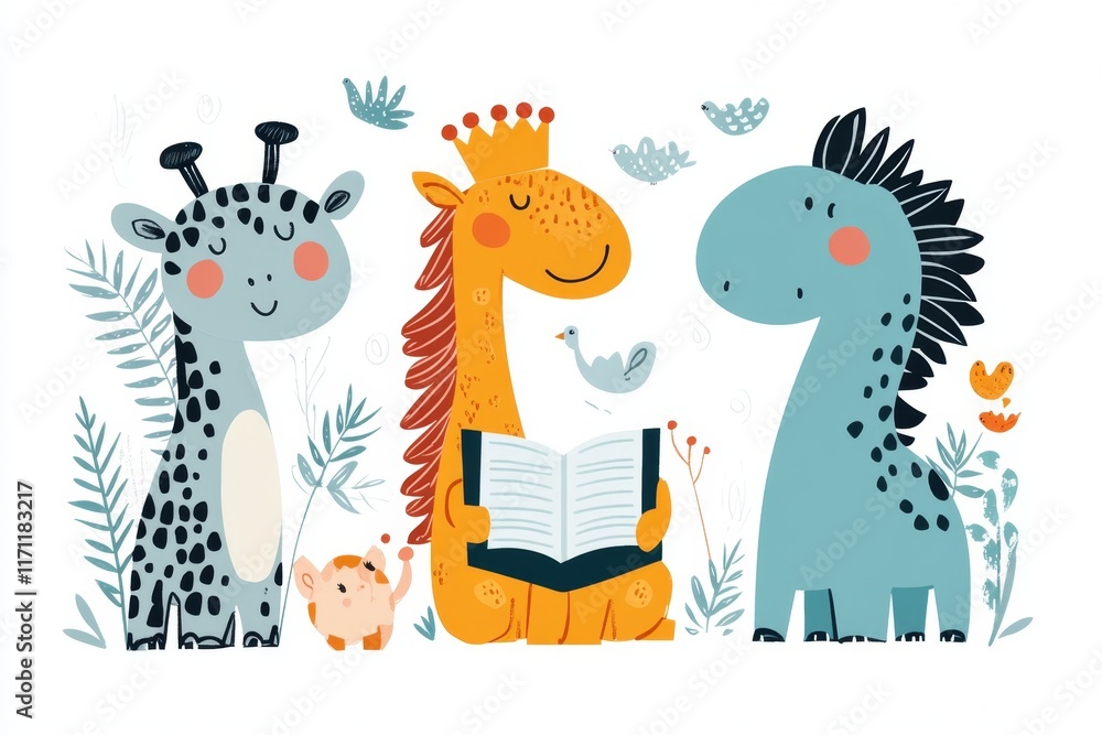 A playful illustration of a king reading a scroll, surrounded by whimsical animals, on a plain white background A playful illustration of a king reading a scroll, surrounded by whimsical animals, on a plain white background