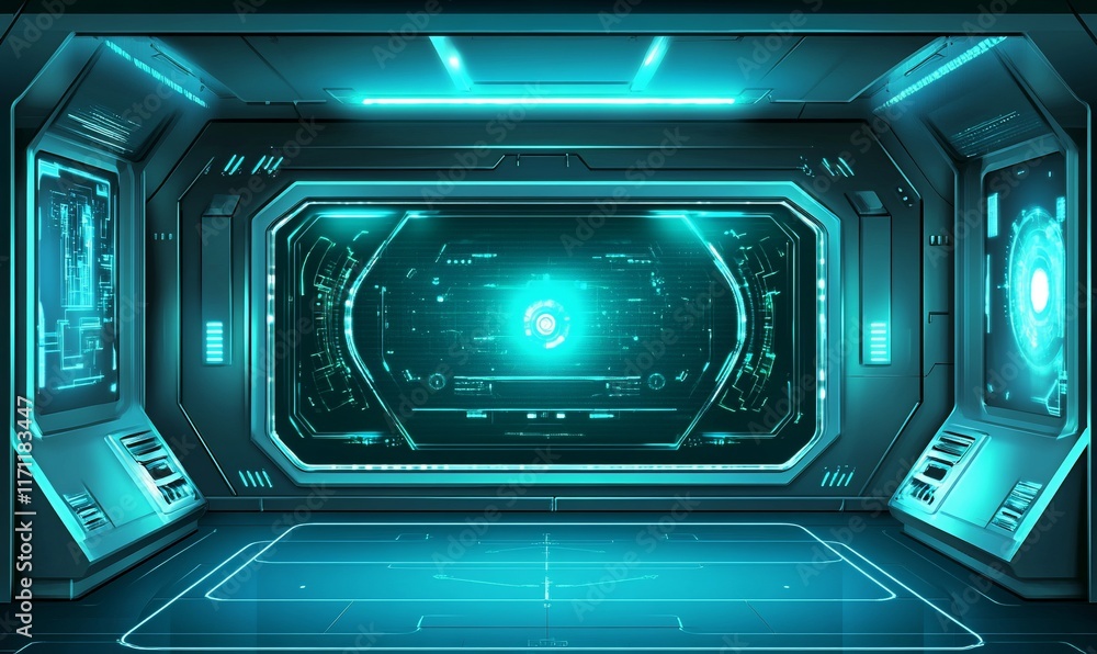 Futuristic spaceship control room with glowing screens and data interface Futuristic spaceship control room with glowing screens and data interface