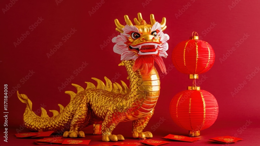 Fototapeta premium Golden Dragon Sculpture with Red Lanterns and Lucky Cards for Chinese New Year Celebration, Symbolizing Prosperity, Power, and Good Fortune in Traditional Culture