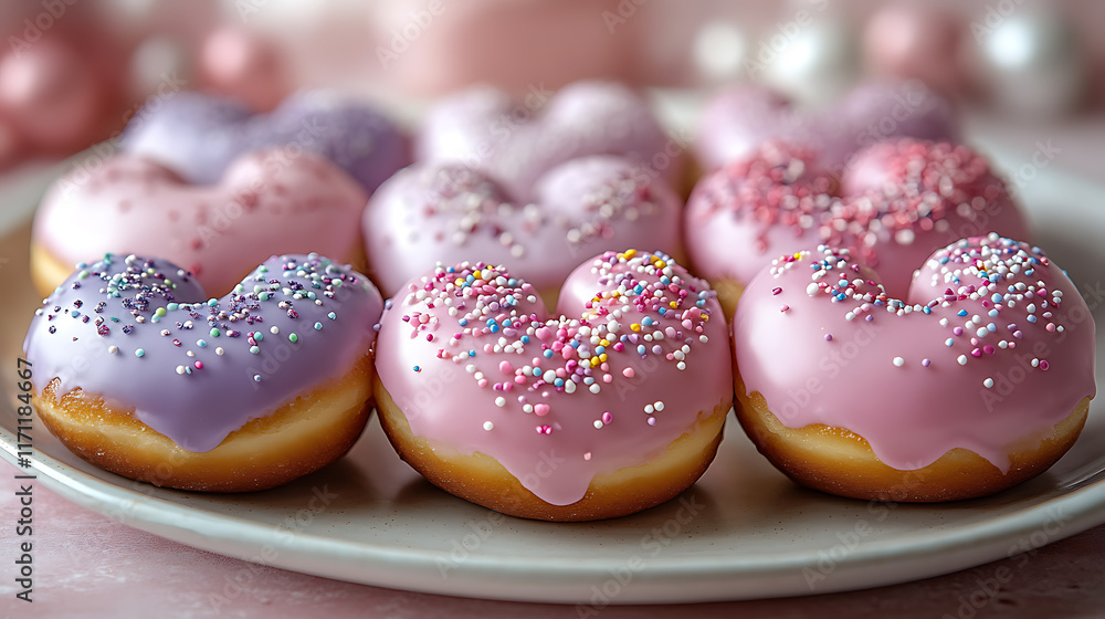 Heart-shaped donuts with pastel pink and lavender icing