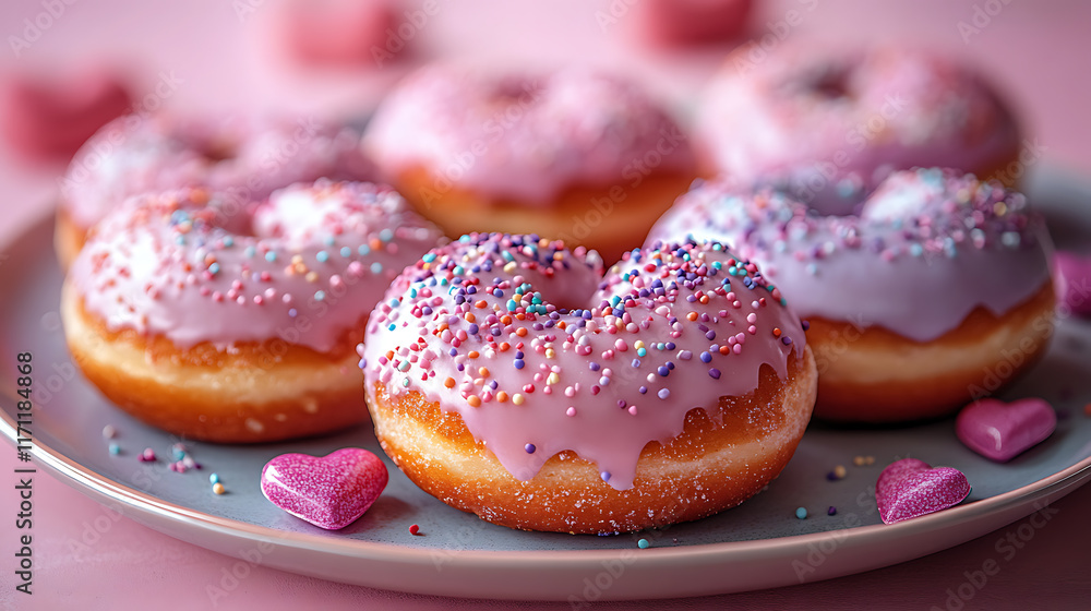 Heart-shaped donuts with pastel pink and lavender icing