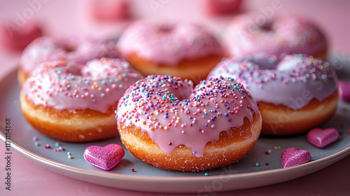 Obraz na płótnie Heart-shaped donuts with pastel pink and lavender icing w salonie