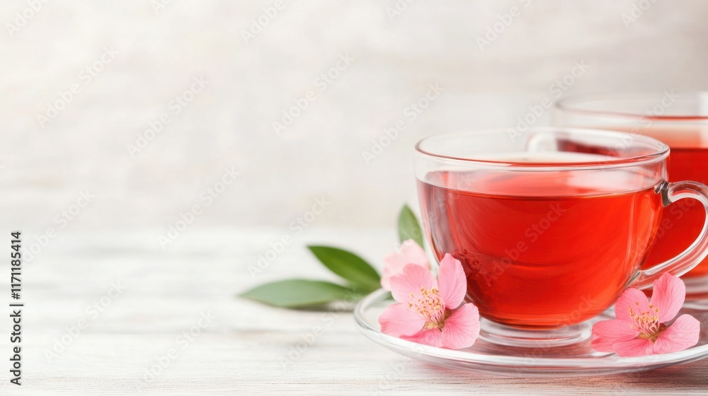 Refreshing Herbal Tea in a Clear Glass Cup with Pink Blossoms on a Light Wooden Background, Perfect for Wellness and Relaxation Themes Refreshing Herbal Tea in a Clear Glass Cup with Pink Blossoms on a Light Wooden Background, Perfect for Wellness and Relaxation Themes