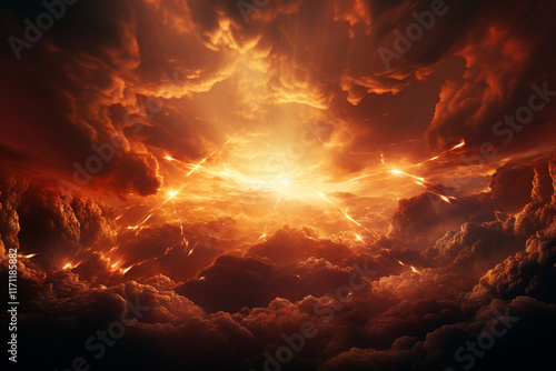 A breathtaking tableau unfolds as radiant sun pierces through a tumultuous tapestry of clouds, illuminating earth below with a mesmerizing interplay of ethereal beams and enigmatic shadows photo