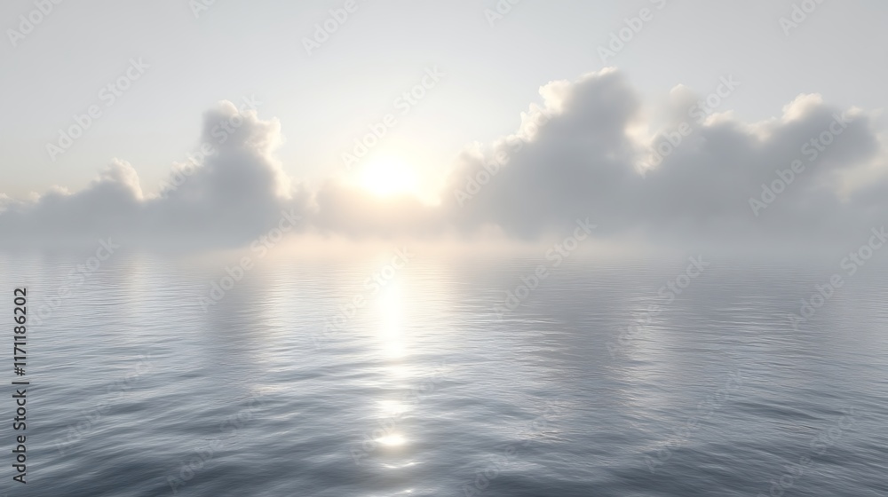 Obraz premium Calm ocean sunset with hazy clouds.
