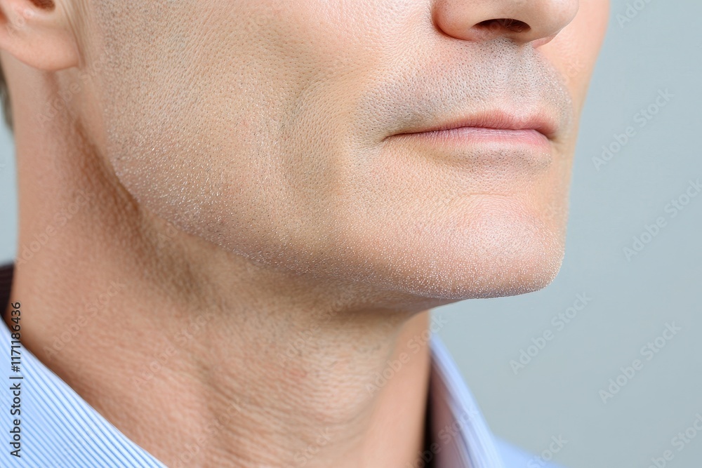 Obraz premium Close-up of a man's lower face and chin with smooth skin, highlighting facial texture and details.