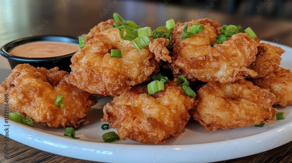 Close-up of crispy tempura shrimp served on a white plate, garnished with delicate green onions and a side of dipping sauce, all against a dark wooden table. Close-up of crispy tempura shrimp served on a white plate, garnished with delicate green onions and a side of dipping sauce, all against a dark wooden table.