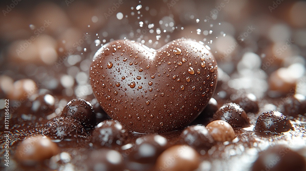 Chocolate heart with water drops amidst candies, bokeh background. Chocolate heart with water drops amidst candies, bokeh background.