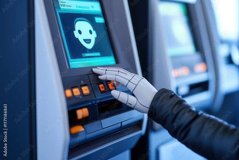 Fototapeta premium The Internet of Things powers smart grids for energy management. Robotic hand interacting with a digital ATM interface.