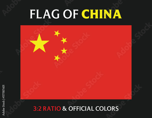 National flag of China with official colors and 3:2 aspect ratio, Vector illustration of China flag badge, China flag drawing with correct proportions, Accurate dimensions vector image drawing eps 10