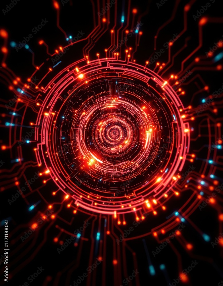 a computer circuit with a red and blue light a computer circuit with a red and blue light