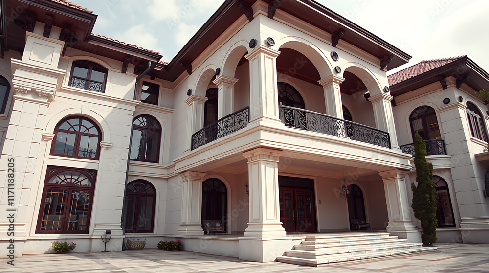 Exterior View of a Large Two-Story Mansion with Classical Architectural Features Exterior View of a Large Two-Story Mansion with Classical Architectural Features