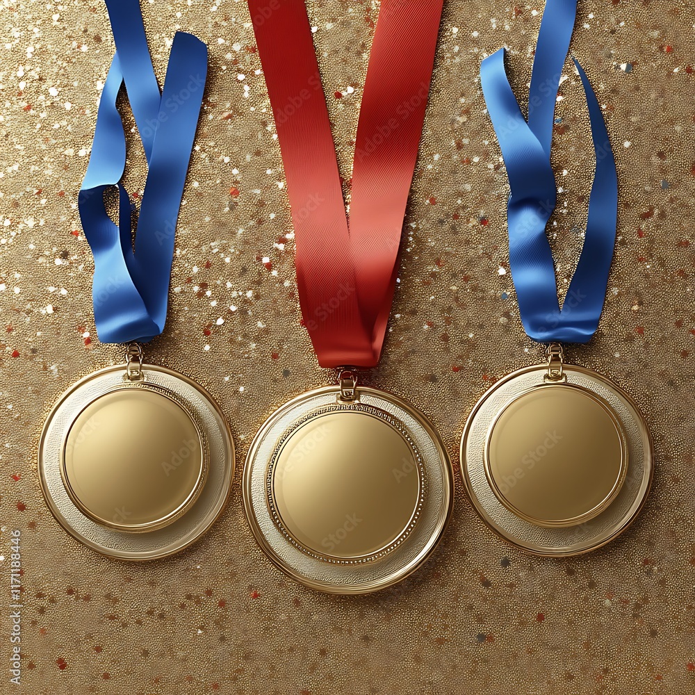 Three Gold Medals with Blue and Red Ribbons