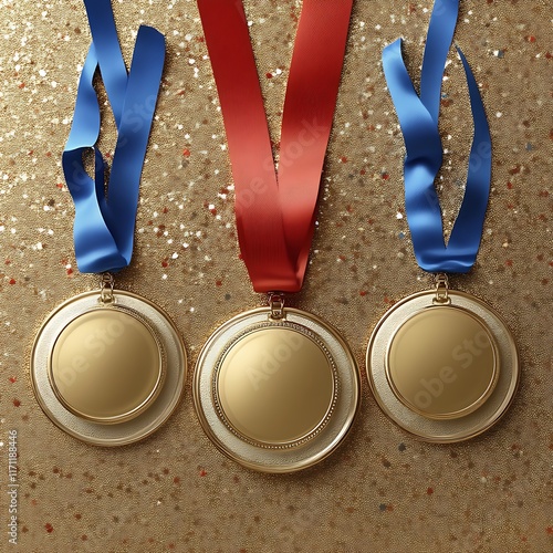 Obraz na płótnie Three Gold Medals with Blue and Red Ribbons w salonie