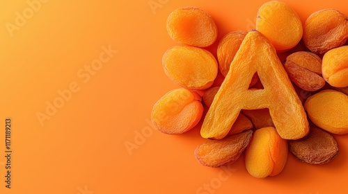 Arrangement of food in Vitamin shape concept. Colorful orange background with candy and an "A" shaped sweet centerpiece