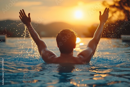 Sunset swim celebration in tranquil pool relaxing lifestyle scenic nature view