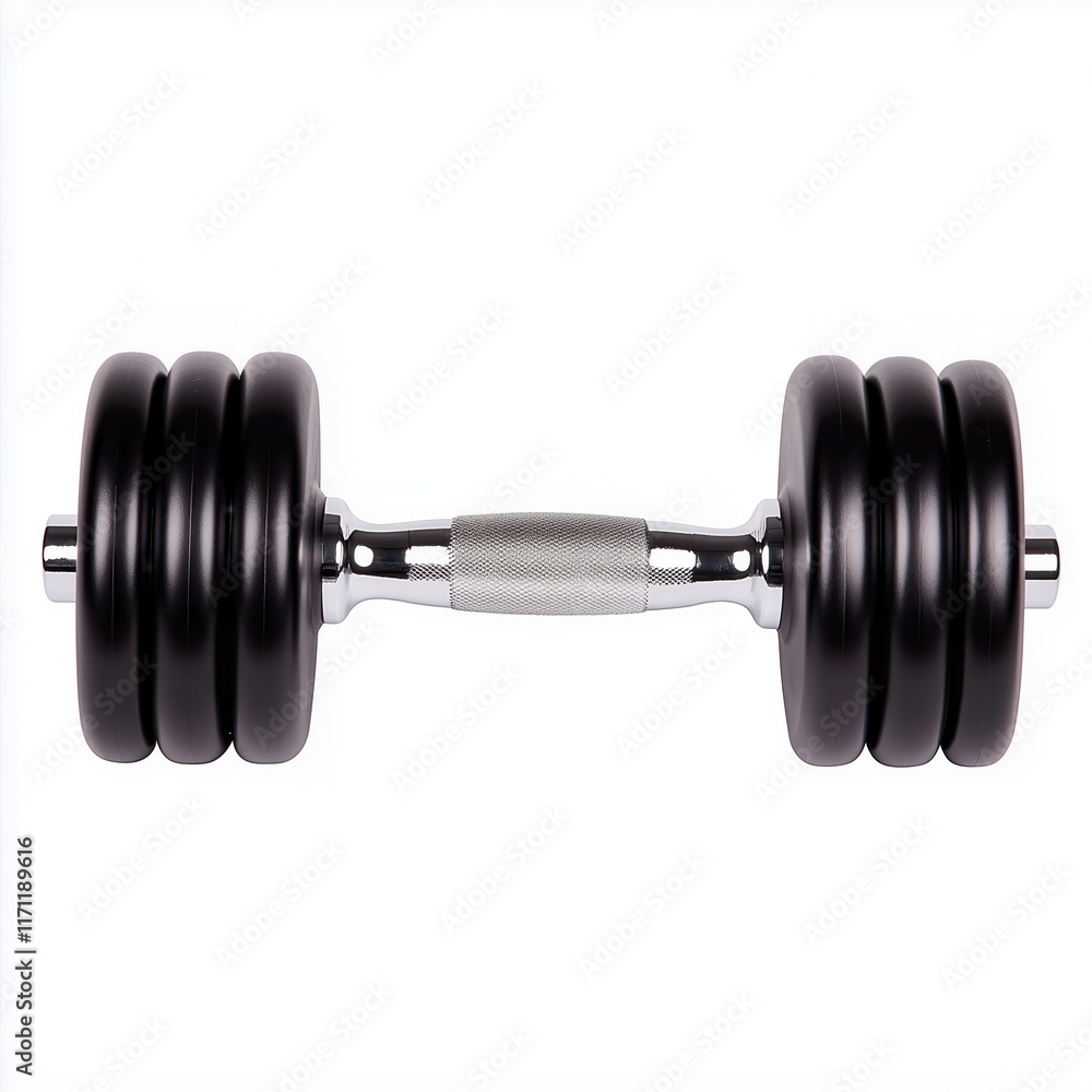 Naklejka premium Steel dumbbell and weights on white background. Sports bodybuilding equipment. Fitness, sport or healthy lifestyle concept.