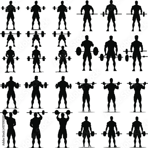 Gym Lifting Silhouette Vector, Fitness Exercise Icon, gym men silhouettes, Bodybuilder fitness and gym silhouettes set, large pack of vector silhouette design, isolated white background