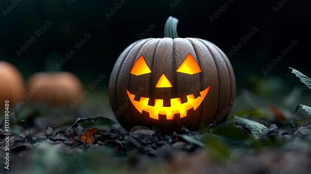 Glowing Jack-o'-Lantern Illuminates Autumn Night Scene Glowing Jack-o'-Lantern Illuminates Autumn Night Scene