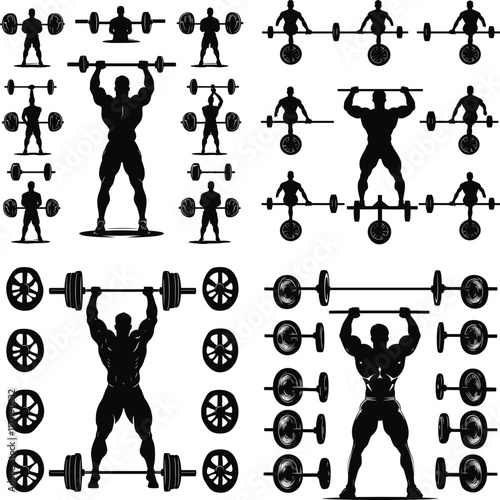 Gym Lifting Silhouette Vector, Fitness Exercise Icon, gym men silhouettes, Bodybuilder fitness and gym silhouettes set, large pack of vector silhouette design, isolated white background
