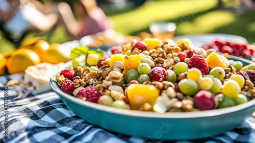 Vibrant and Fresh Fruit Salad with Nuts Served Outdoors, Perfect for Summer Picnics and Gatherings in a Lush Green Setting