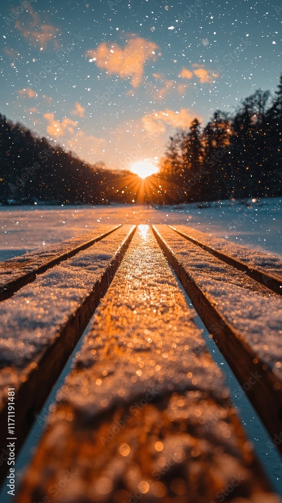 Beautiful Winter Sunset Over Snow-Covered Landscape with Pathway and Reflective Snow in Golden Hour Beautiful Winter Sunset Over Snow-Covered Landscape with Pathway and Reflective Snow in Golden Hour