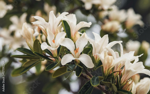 Calamondine blooms with rain drops in garden, closeup. Calamondin flowers and fruits in rainy day. Citrus microcarpa, Citrofortunella microcarpa, Citrofortunella mitis tree.
