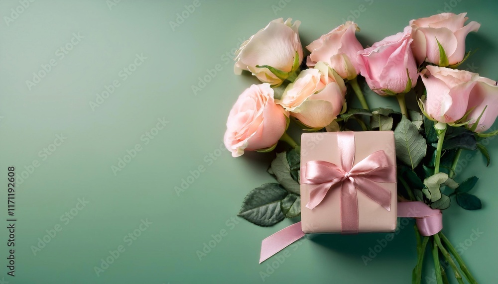 Fototapeta premium roses and gift box with bow with space for text - birthday card template, march 8, mother's day and february 14