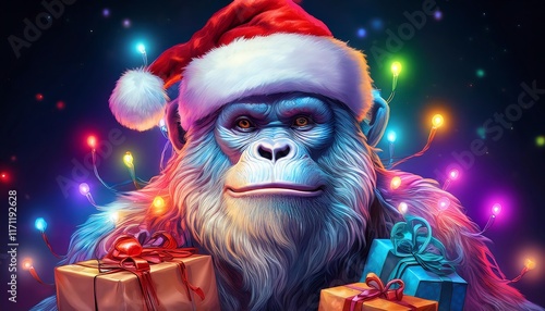 Festive Bigfoot Dressed in a Santa Hat Wrapped in Colorful Lights, Carrying a Bag Full of Gifts, Perfect for Whimsical Holiday-Themed Content, Christmas Celebrations, and Creative Seasonal Designs