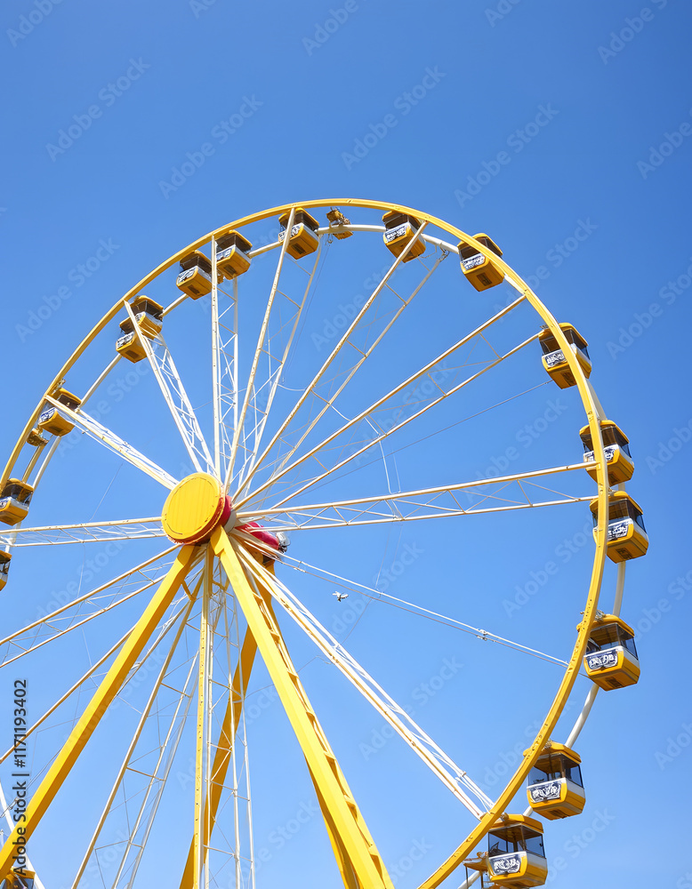 yellow ferris wheel against a blue sky in vintage style, clipart style, with white tones yellow ferris wheel against a blue sky in vintage style, clipart style, with white tones