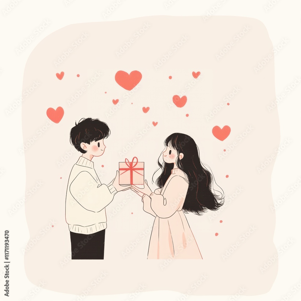 Happy Valentine’s Day greeting card with lovely couple and gift box. Happy Valentine’s Day greeting card with lovely couple and gift box.