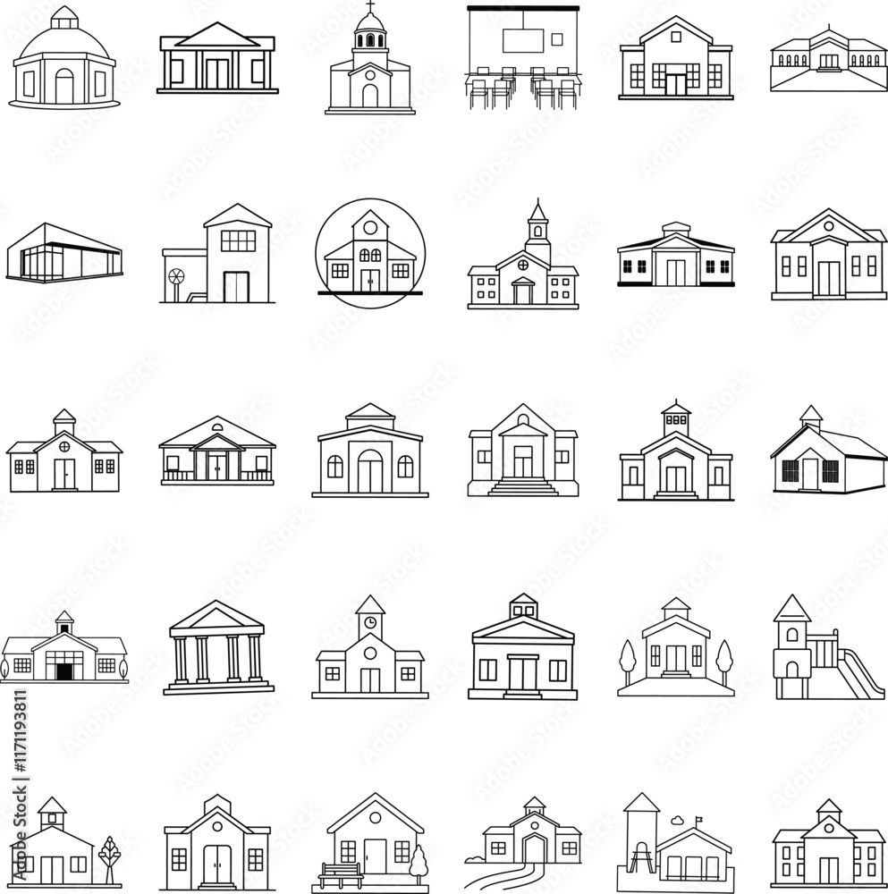 Fototapeta premium Diverse Building Collection School, Church, Courthouse, Government Icons