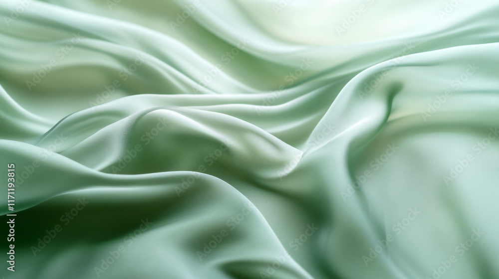 Fototapeta premium Soft green silk fabric draping gently with flowing textures and subtle sheen
