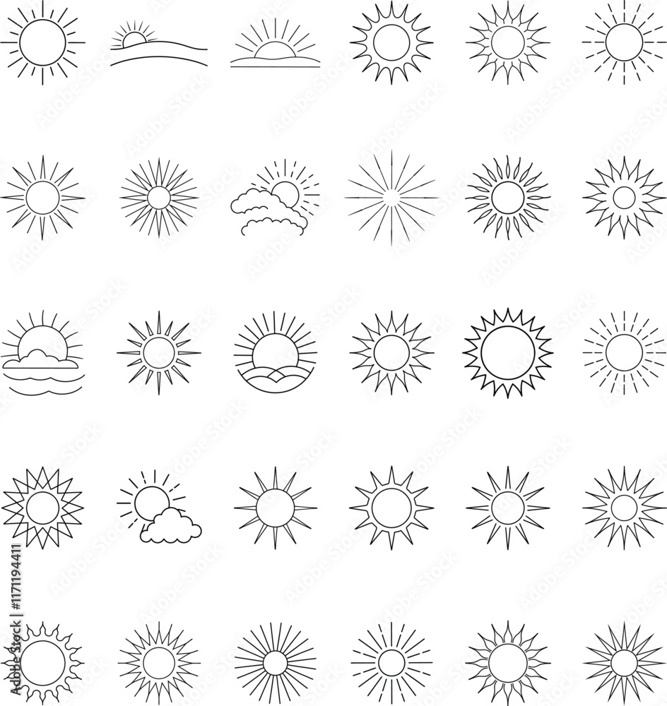 Sun Icons Diverse Line Art Sun Symbols and Sunrise Designs Sun Icons Diverse Line Art Sun Symbols and Sunrise Designs
