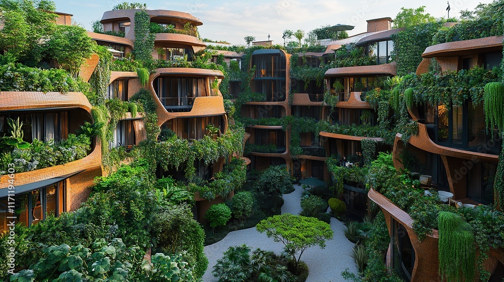 Fototapeta premium A stylish apartment building with bold architectural shapes, a central courtyard, and terraces covered in plants
