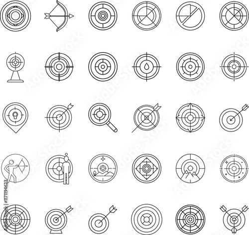 Archery Targets, Bullseye Icons, Aim, Precision, Accuracy, Goals, Line Art, Vector Graphics, Shootin