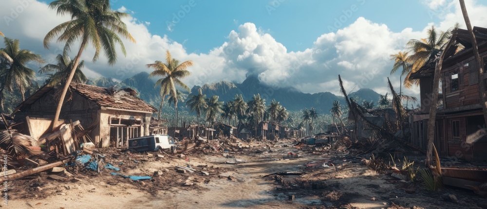 Naklejka premium Devastation of a tropical village after a natural disaster.