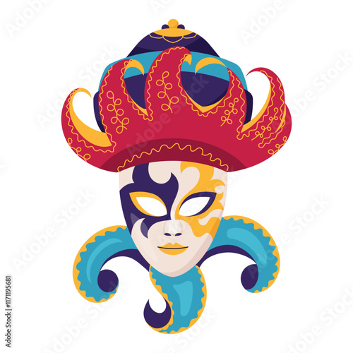 Traditional jester carnival mask with hat, bells and jabot. Mardi gras holiday joker masque. Venetian masquerade party face disguise accessory capturing spirit of celebration. Vector flat illustration