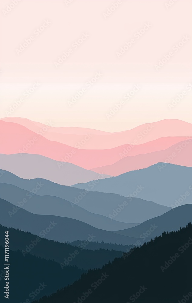 Fototapeta premium Serene Pink and Blue Mountain Landscape with Forest at Dawn