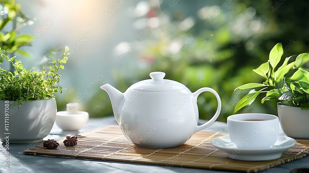 Refined Porcelain Tea Set Resting on Bamboo Mat A Simple Yet Elegant Moment of Tranquility and Serenity Capturing the Traditional Asian Tea Ritual Refined Porcelain Tea Set Resting on Bamboo Mat A Simple Yet Elegant Moment of Tranquility and Serenity Capturing the Traditional Asian Tea Ritual